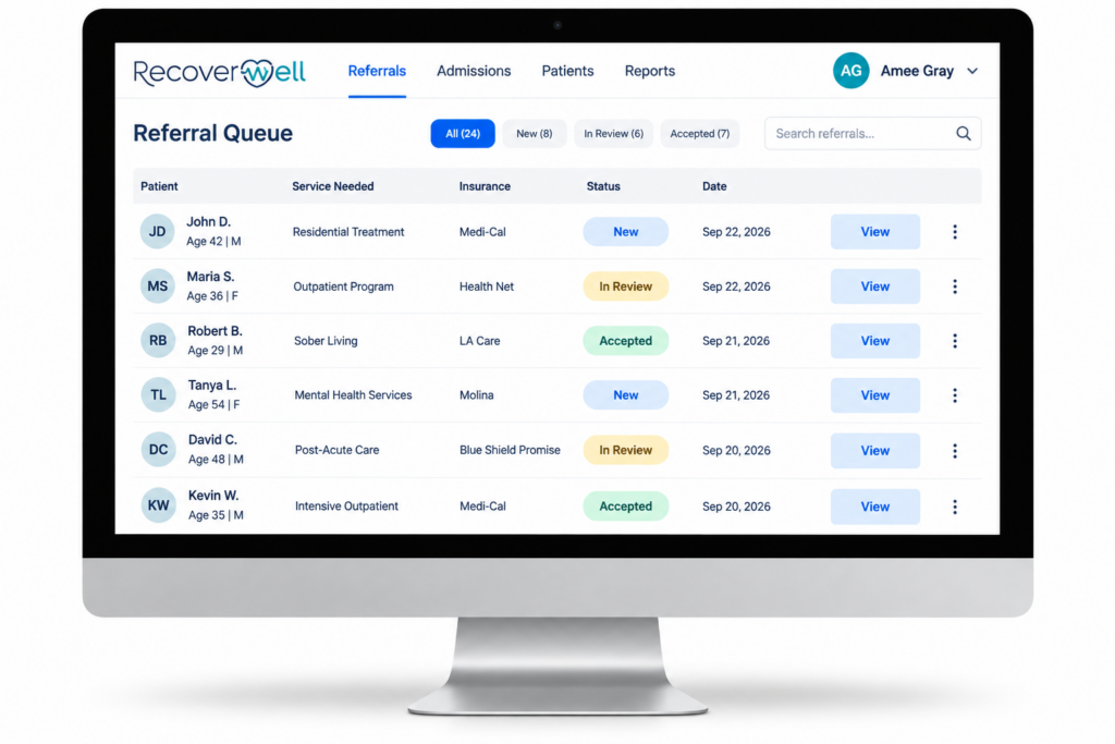 RecoverWell matches patients to treatment providers on criteria and insurance.
